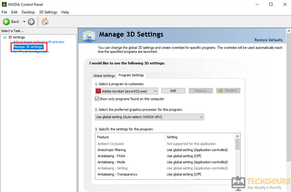 Clicking on "Manage 3d Settings" to change elder scrolls graphics settings
