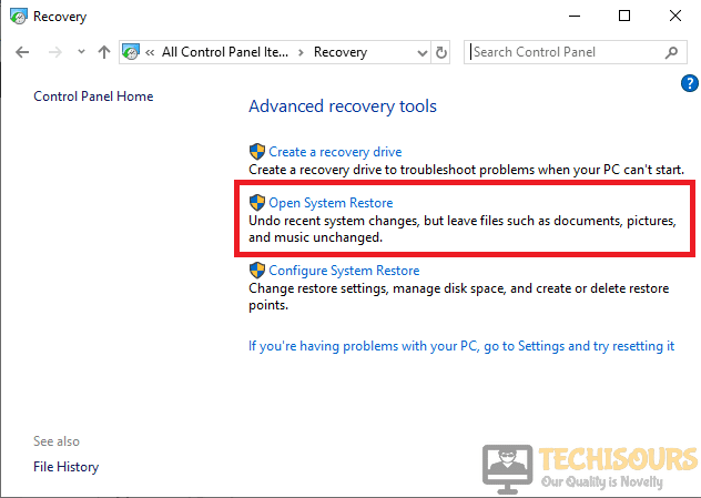 In recovery mode click Open system restore to resolve "Your IT administrator has limited access" error
