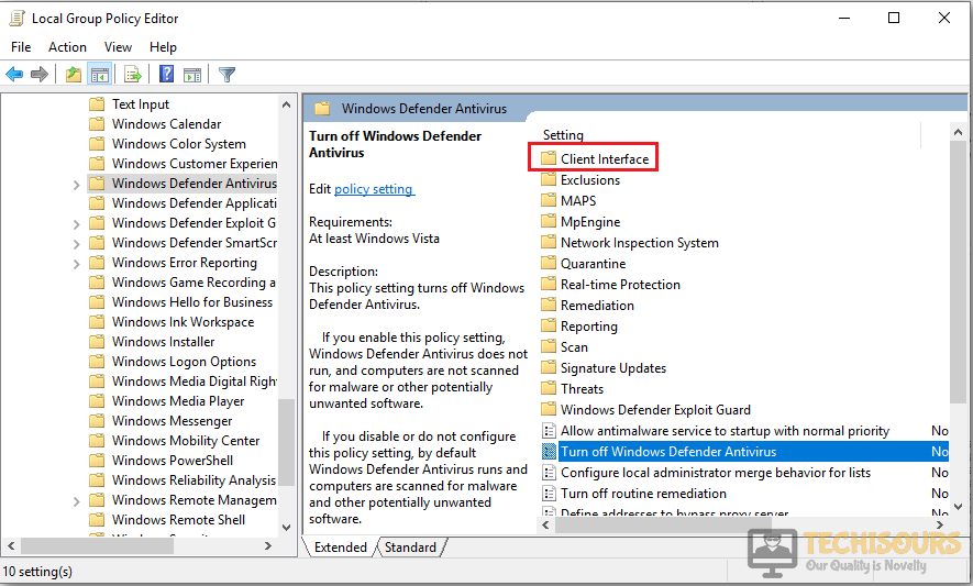 Click Client Interface folder in settings