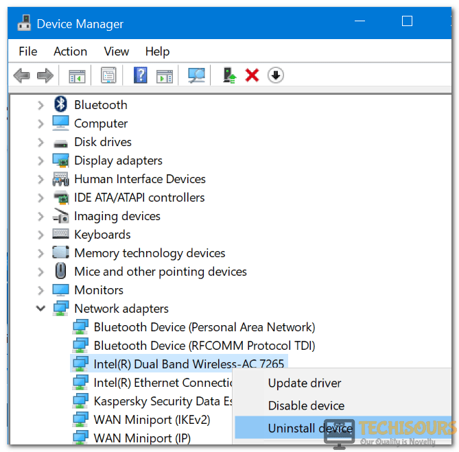 Uninstall the device to resolve Local area connection doesn't have a valid ip configuration problem