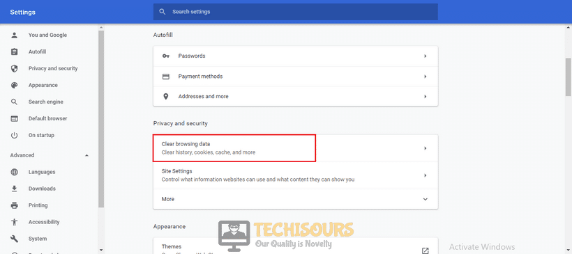 Clear browsing data in Privacy and security tab