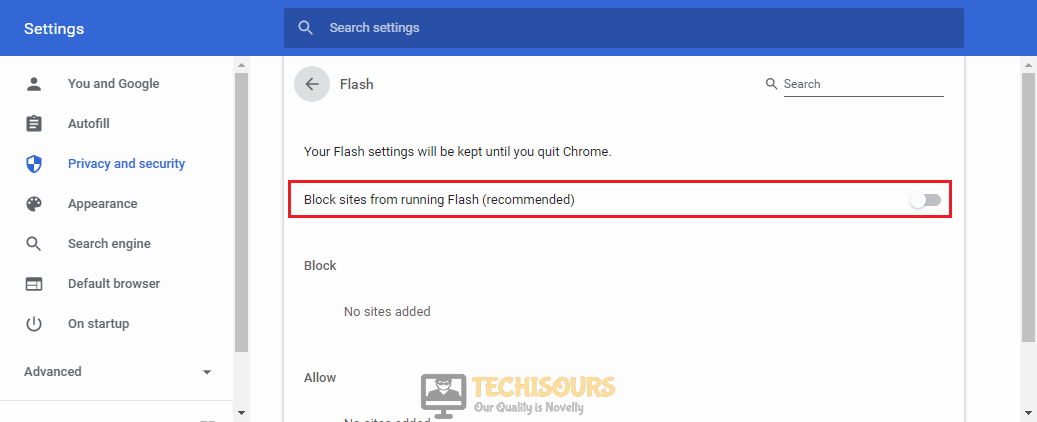 Enable Block sites from running flash for fixing Twitch Black Screen