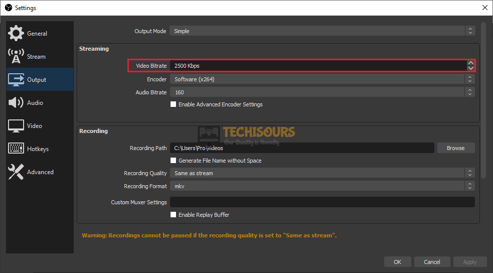 reduce the video bitrate to fix Dropped frames issue in OBS