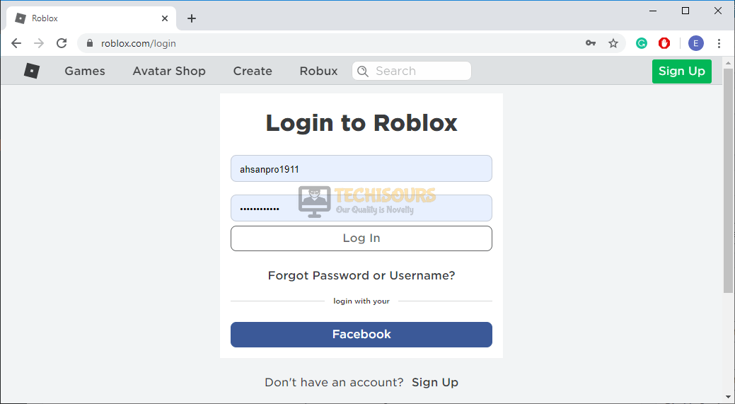 Login to Roblox account to eliminate error code 610 roblox