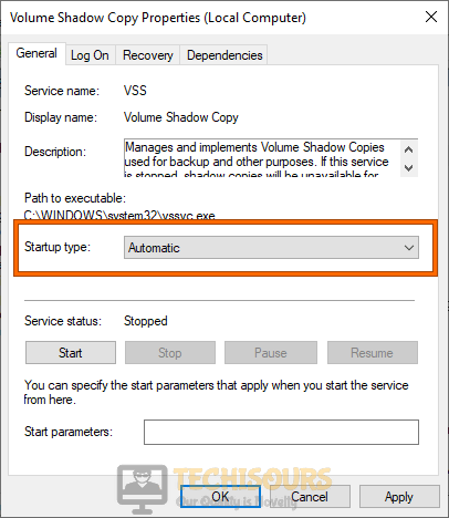 Settings as Automatic to fix the Error 0x80070015