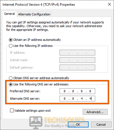 Use the following DNS server addresses to fix Error 0xC1900223