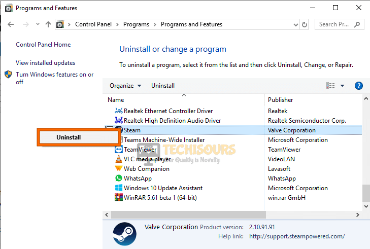Uninstall Steam to fix Windows cannot find steam.exe Error