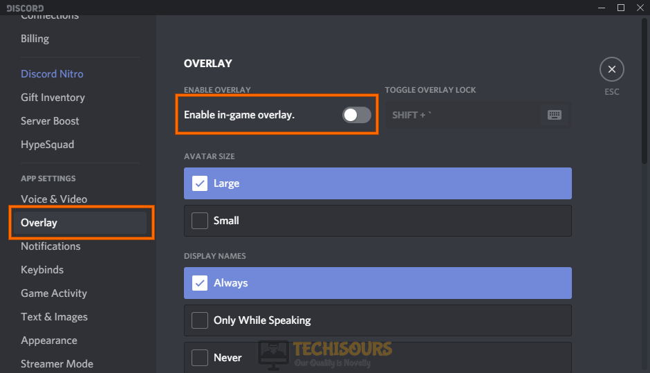 Enable Discord overlay to get rid of discord screen share not working problem