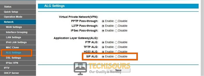 Enable SIP ALG in the router
