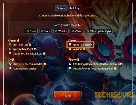 Click on Force Repatch to fix league of legends error code 004