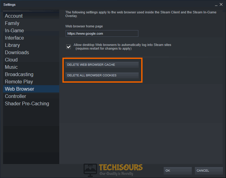 Clear Steam's browser cookie and cache