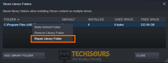 Repair Library Folder to fix steam not enough disk space issue