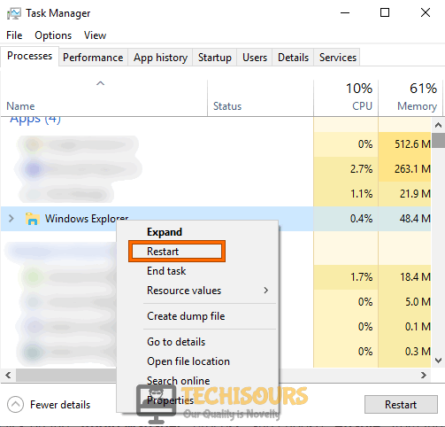 Restart the Windows Explorer to resolve volume mixer won't open problem