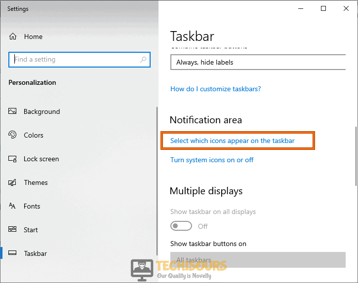 Select Which item appears on the taskbar option to fix volume mixer won't open error
