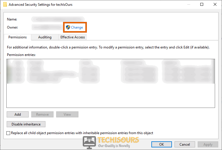 Change Permissions to fix unable to display current owner issue