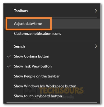 Clicking on the "Adjust Date/Time" option