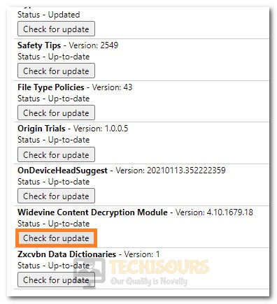 Clicking on the Check for Updates option for Widevine Content Decryption Module