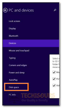 Clicking on the Disk Space tab in Windows 8
