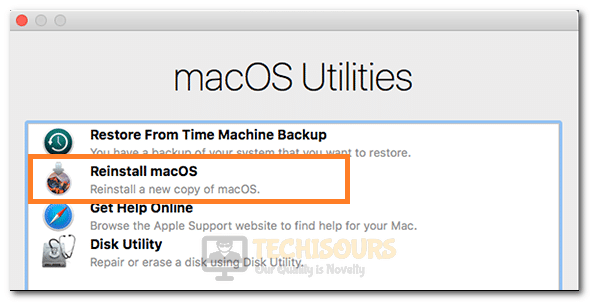 Selecting the "Reinstall macOS" option to fix Could not Create a Preboot Volume for APFS Install error