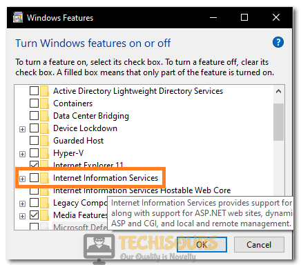 Uncheck the Internet Information Services option to fix the Windows could not Configure one or more System Components error