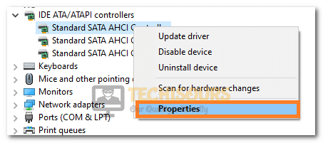 Clicking on the Properties option