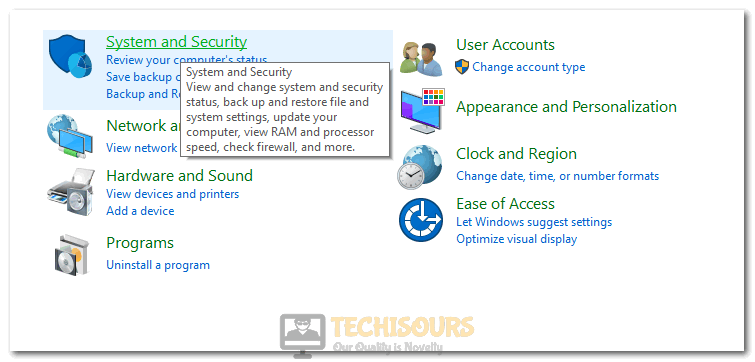 Clicking on System and Security option in Control Panel