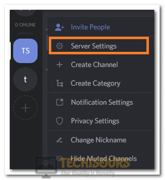 Clicking on the server settings option