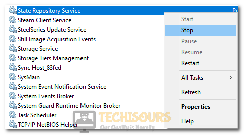 Clicking on "Stop" in front of State Repository Service to fix State Repository Service High CPU Usage
