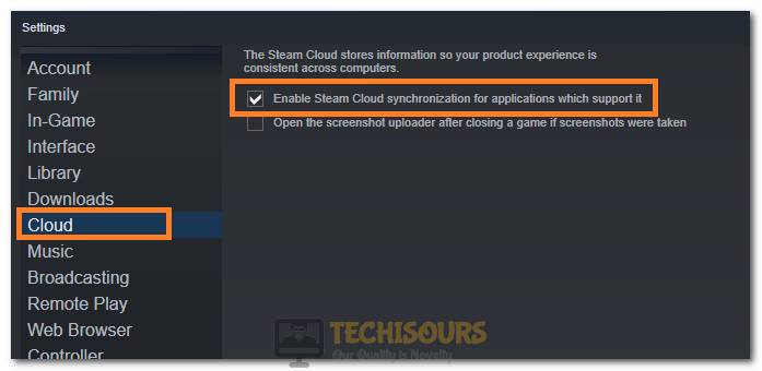 Selecting the Enable Steam Cloud Synchronization option