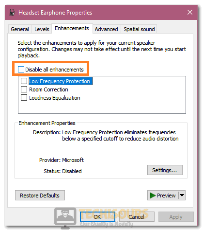 Selecting the "Disable all Enhancements" option to fix Logitech Speakers not Working