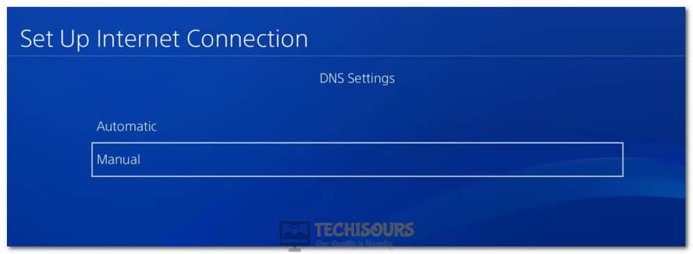 Clicking on the "Manual" option for the DNS Setting option on PS4