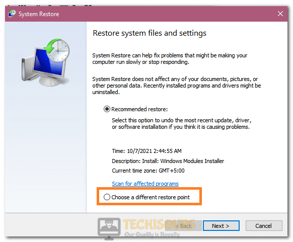 Selecting the "Choose a Different Restore Point" button to fix Error 0xc0000142