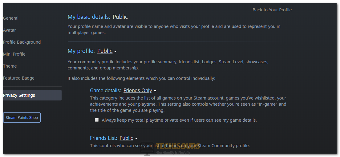 Changing the "Game Details" option to Steam Hide Game Activity