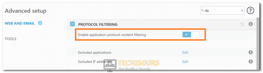 Disabling the Enable application protocol content filtering to fix PR_CONNECT_RESET_ERROR