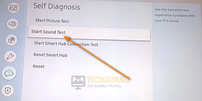 Choosing Start Sound Test Option to fix Samsung TV Volume Stuck issue