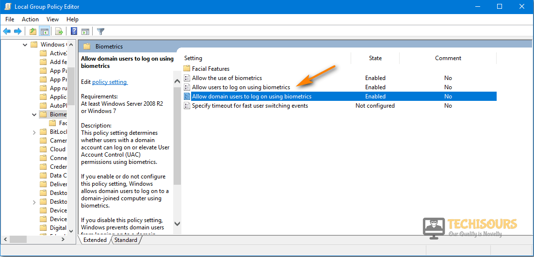 Choose Enable Biometrics Option to fix Windows Hello Not Working on Windows 11 issue